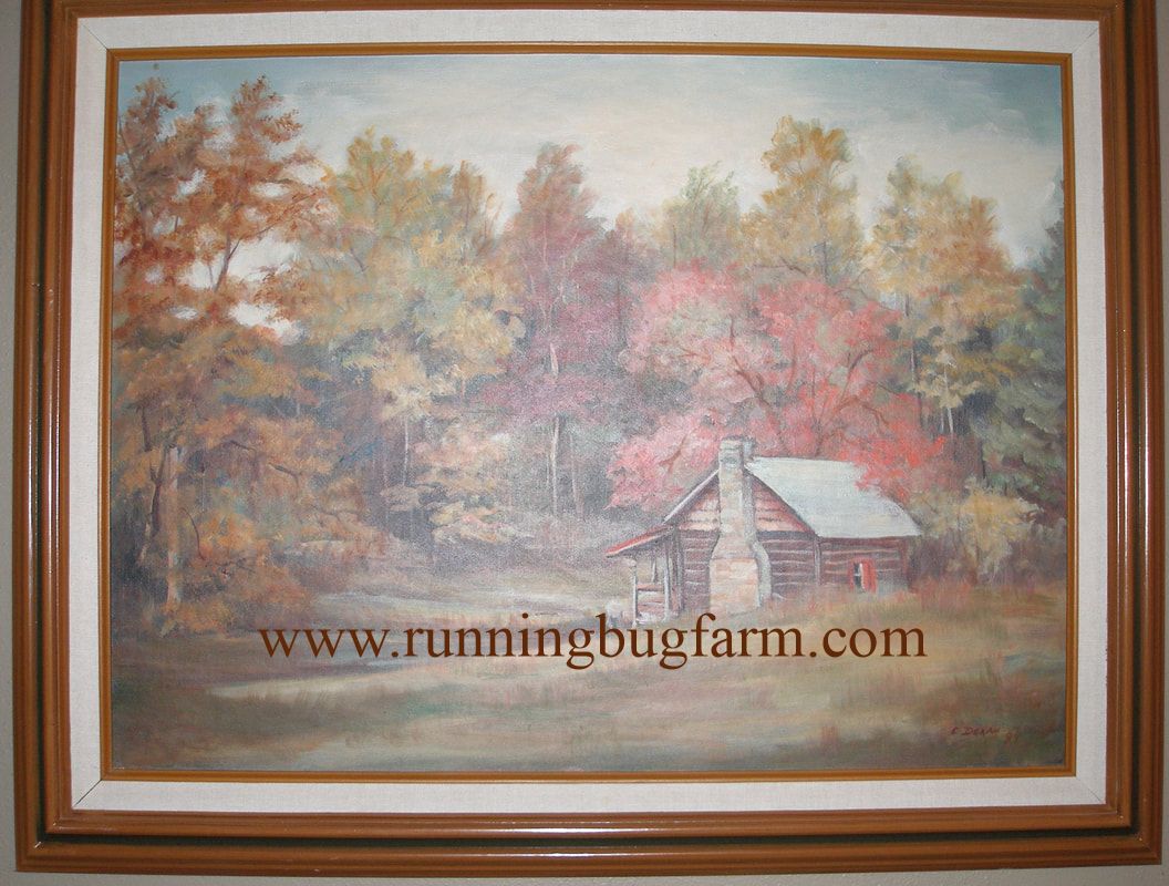 Painting of Running Bug Farm's little historic log cabin nestled in the mountains of West Virginia.
