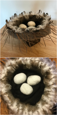Pictures of a knitted and felted bowl made for an art exhibit. The bowl uses real humane duck feathers from Running Bug Farm.