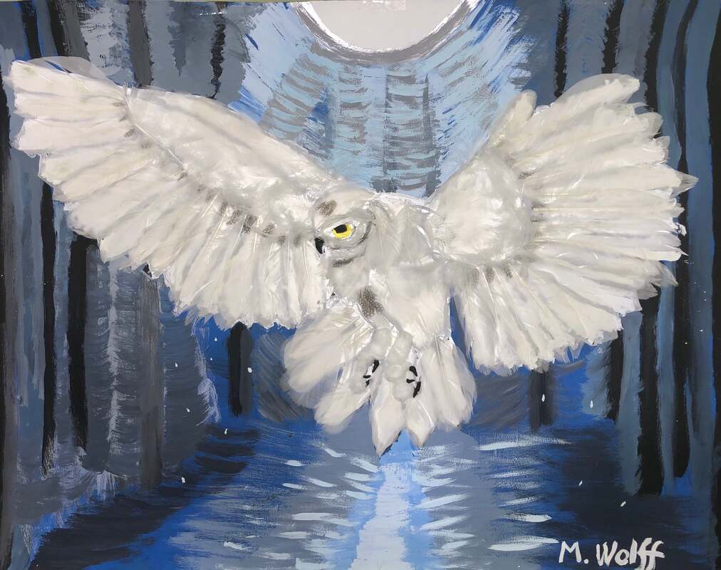 Customer picture of a white owl mixed media painting using miniature lavender guinea fowl feathers from Running Bug Farm.
