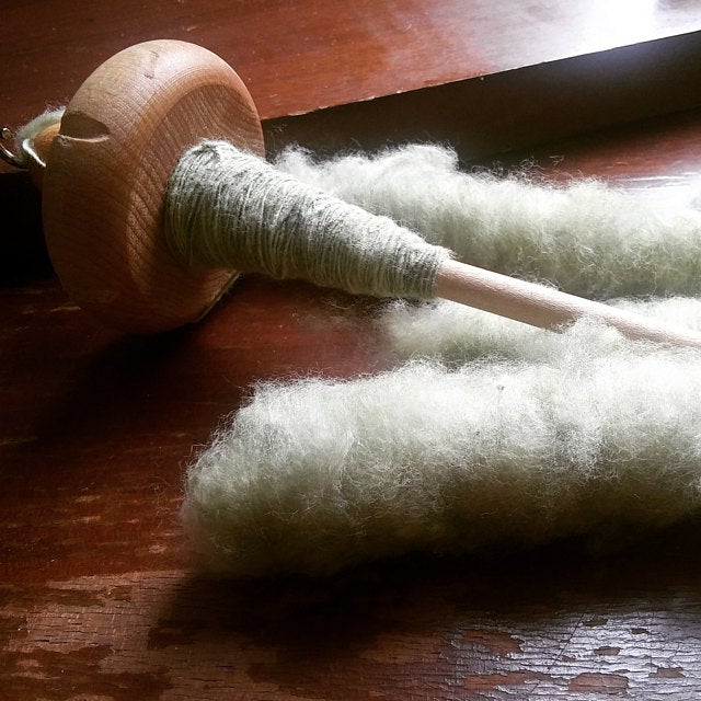 Customer photo showing organic heirloom green cotton from Running Bug Farm being hand spun on a drop spindle.