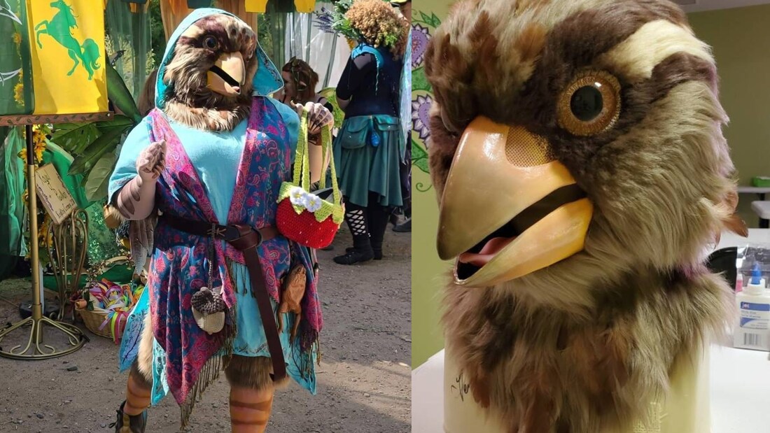 Happy customer review with picture featuring cruelty free feathers purchased from Running Bug Farm better than organic. I just wanted to say thank you for the lovely feathers! I used them to add some realism on my renaissance festival costume.