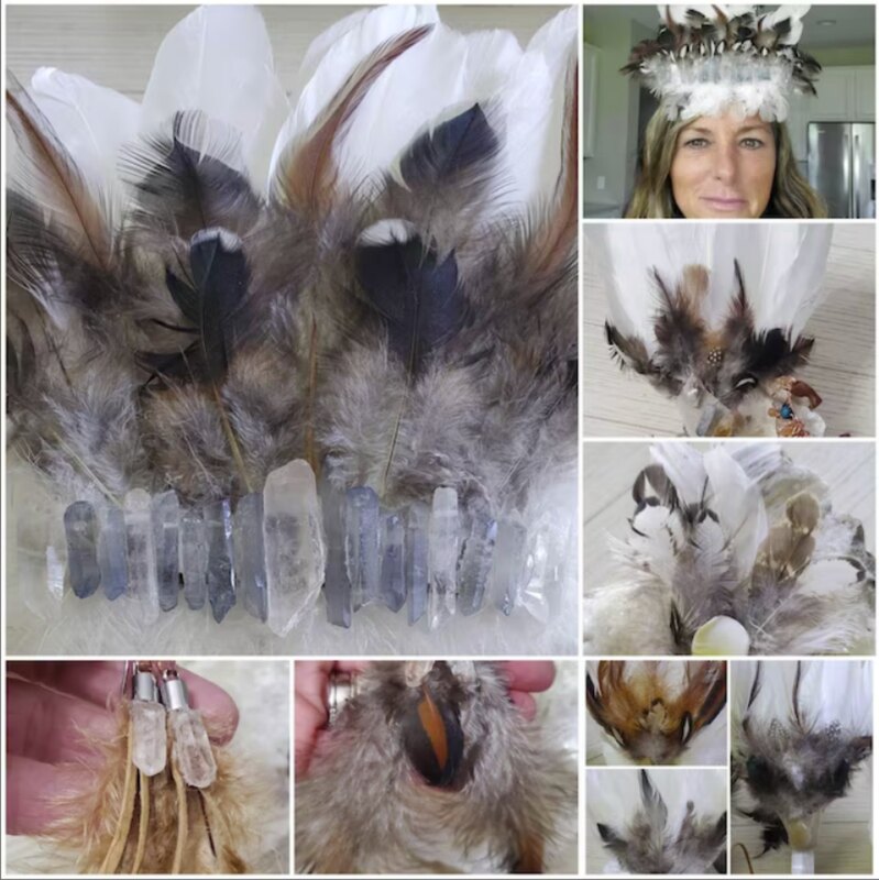 Happy customer picture review of pastoral feathers from running bug farm usa and natural crystals. Headpeices, earrings, and more.