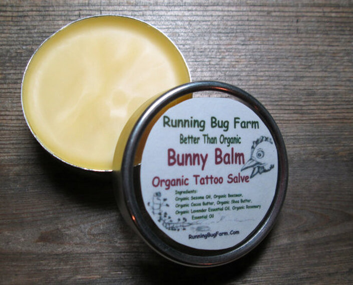 DIY your own organic after care tattoo salve. It is 100% natural & safe for not only your own tattoos but your bunnies ear tattoos as well. Get the recipe for the original Bunny Balm Tattoo Salve created by Running Bug Farm, Better Than Organic.