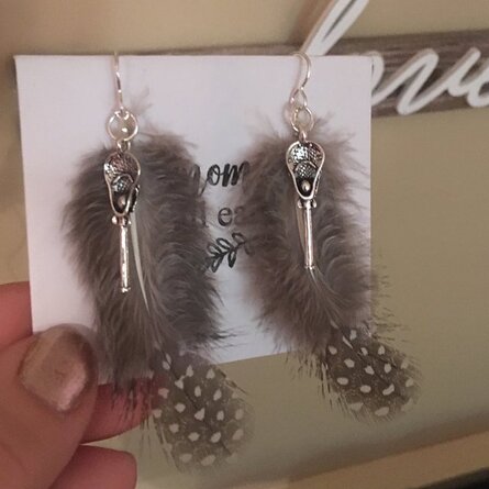 Customer review of natural feathers purchased from Running Bug Farm, Better Than Organic. Awesome quality. Fast shipping. Customer wanted lacrosse feather earrings . These real guinea fowl feathers were perfect!