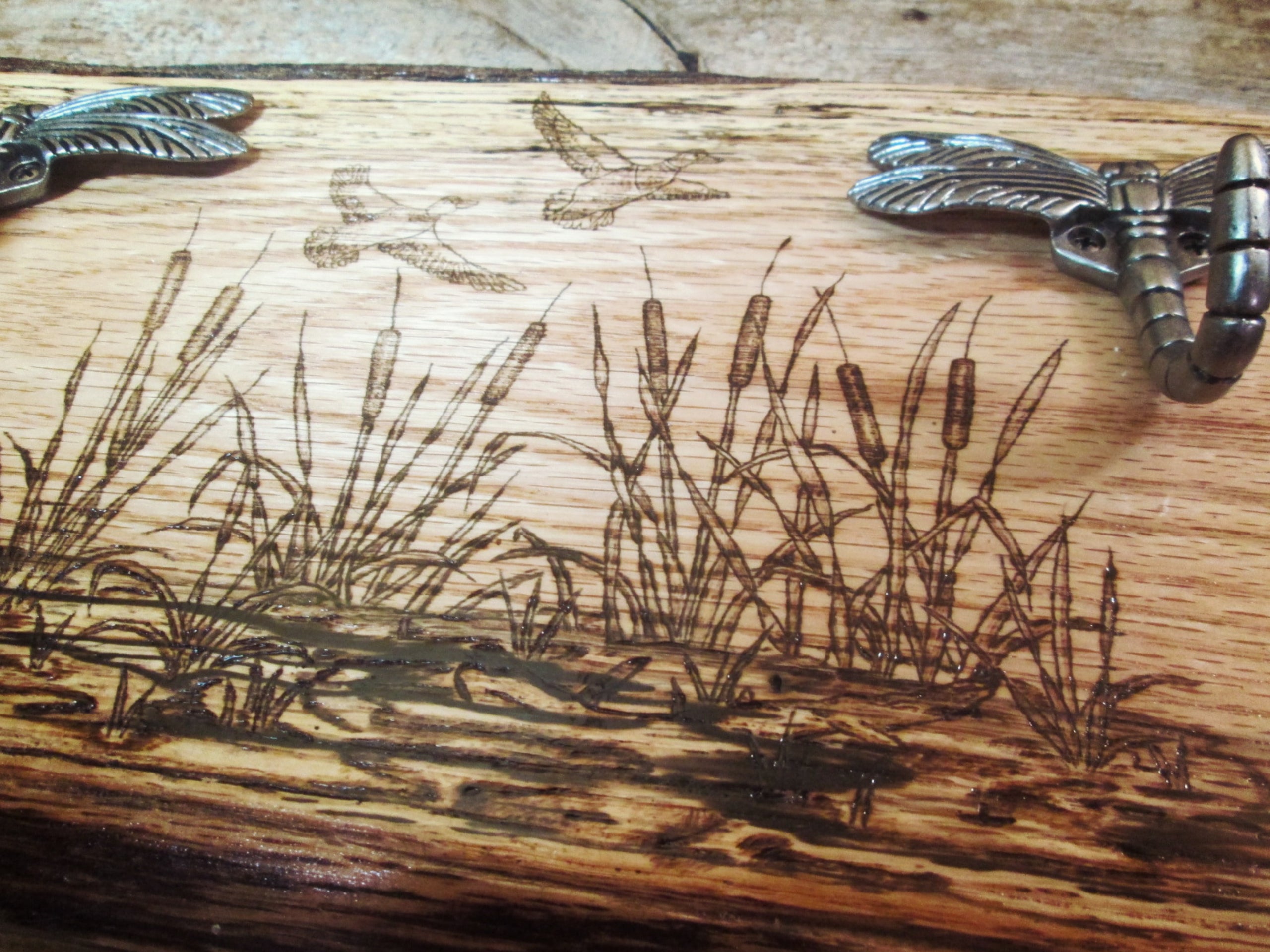 Rustic Duck Pond Pyrography Wall Art with Pewter Dragon Fly